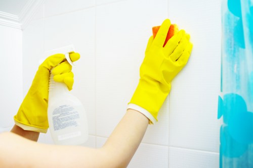 Cleaning technician treating a carpet stain during a booked service